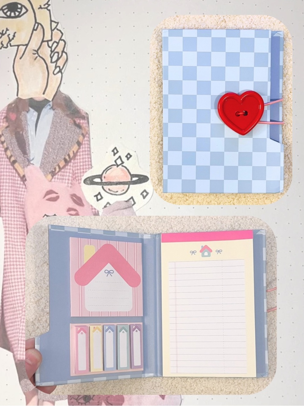🎉Plaid Pastel House Design Sticky Note & Memo Pad Booklet Set